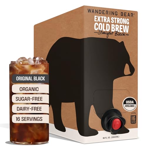 Wandering Bear Straight Black Organic Cold Brew Coffee On Tap, Iced Coffee Drink - Extra Strong, Smooth, No Sugar Added, Shelf-Stable, Ready to Drink & Vegan, 100% Organic - 16 Servings of 6fl.oz - 96fl.oz