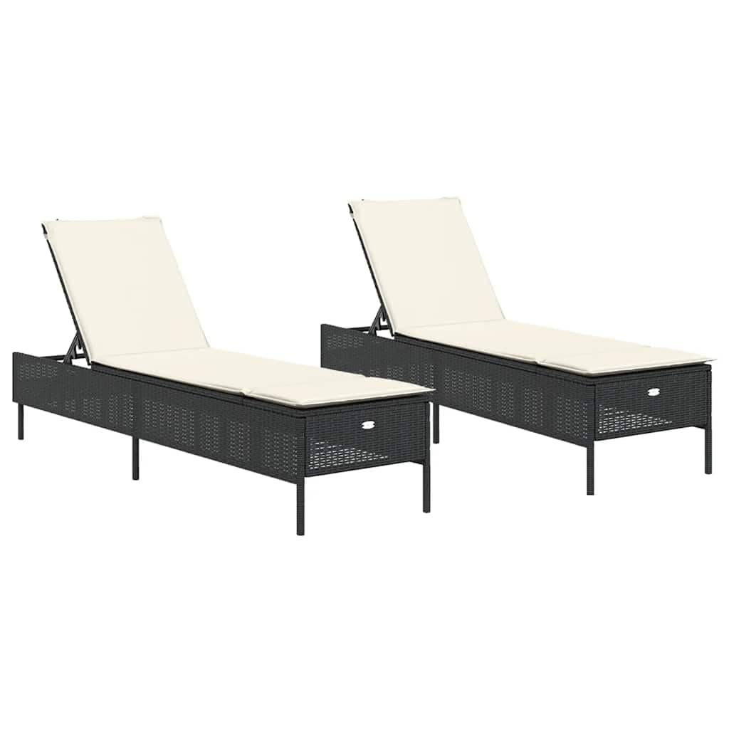 Tumbonas con cojines, 2 unidades, color negro, resina trenzada, chaise longue de jardín, respaldo ajustable en 5 posiciones, baño de sol, muebles para playa, terraza, balcón