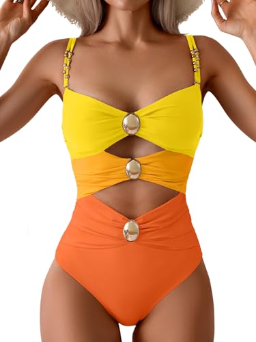 Image of B2prity Cutout One Piece Swimsuit Tummy Control Ruched Monokini Color Block Bathing Suit for Cruise Vacation
