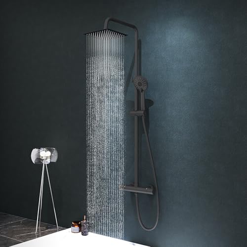 HAPAOSO Colonne de Douche Thermostatique, Ensemble de Douche Plafonde Carrée 20 x 20 cm, Douchette à Main Ronde avec 3 Jets, Réglable en Hauteur pour Salle...