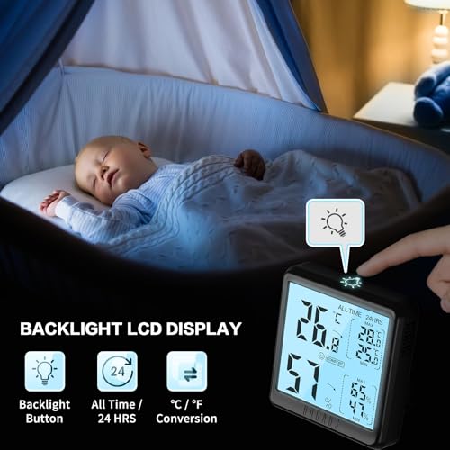 دوكياس ميزان حرارة داخلي للغرفة، مقياس رطوبة رقمي صغير عالي الدقة، تحديث 5 ثوان، شاشة كبيرة، وقت استخدام 18 شهر، مؤشر طاقة منخفض، للمنزل/الحضانة/الصوبة الزراعية (اسود)