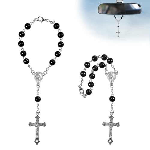 NYTKL 2PCS Car Rosary for Rearview Mirror Personalized Auto Mirror Decor Rosary & Cross Pendant Religious Cross Medal Blessing Beads Interior Rear View Mirrors Charm Auto Decor (Black)