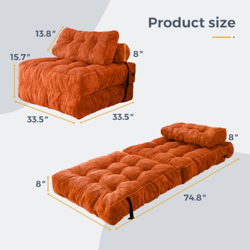 Image of MAXYOYO Folding Sofa Bed, Convertible Chair Bed with Pillow | Foldable Couch with Back Support, Portable Fold Out Chair Comfy Floor Sofa for Living Room Bedroom, New Orange, Single