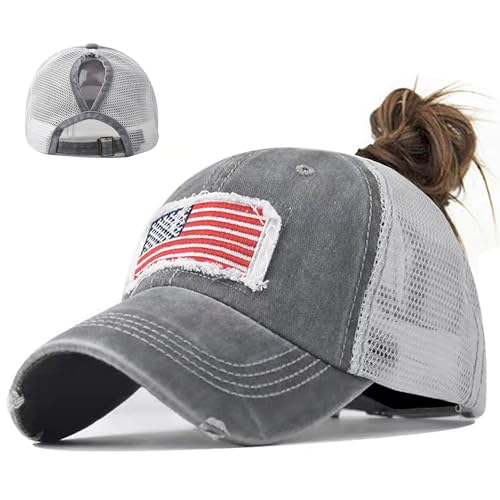 Woman Man Ponytail Baseball Cap - US Flag Breathable Mesh Outdoor Golf Sun Hat for Summer Gray