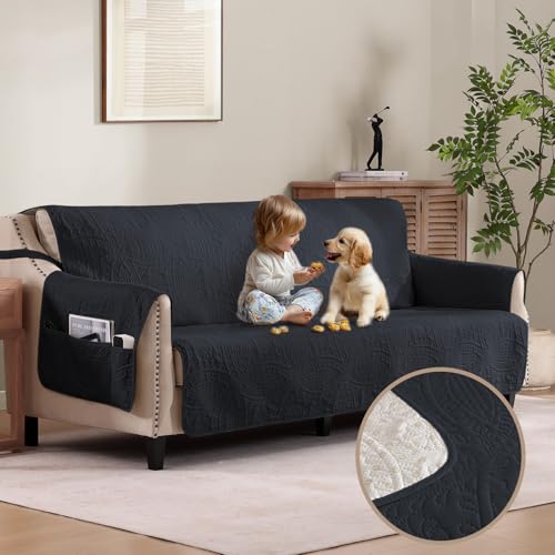 Pamhaven Soft Blue Gray Couch Cover for Extra-Large Leather Sofa, Quilted Couch Cover for 3 Cushion Couch, Oversized Covers for Leather Couch Washable Water Repellent (X-Large Sofa 78
