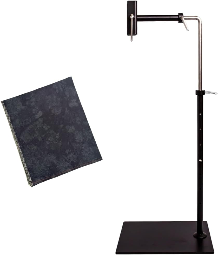 VolcanoStitching Embroidery Hoop Stand Set - Lowery Black Cross Stitch Floor Hands Free Workstand with Black Hand Dyed Aida 16 Count Fabric