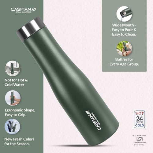 Image of CASPIAN / / / Aqua ISI Certified Stainless Steel Water Bottle 1ltr. (M Green, 1 Litre, Set of 6) | Leak Proof Thunder for Fridge Home Office Travel School Kids Boys Girls Adults Sports Gym Yoga|BPA Free
