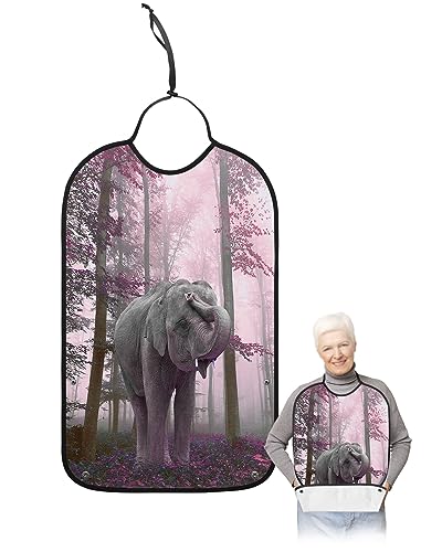Rose Red Maple Leaf Forest Adult Bibs for Eating, Waterproof Bibs with Food Catcher & Adjustable Snap Closure, Autumn Farmhouse Elephant Washable Clothing Protectors Adult Bibs for Elderly Women/Men