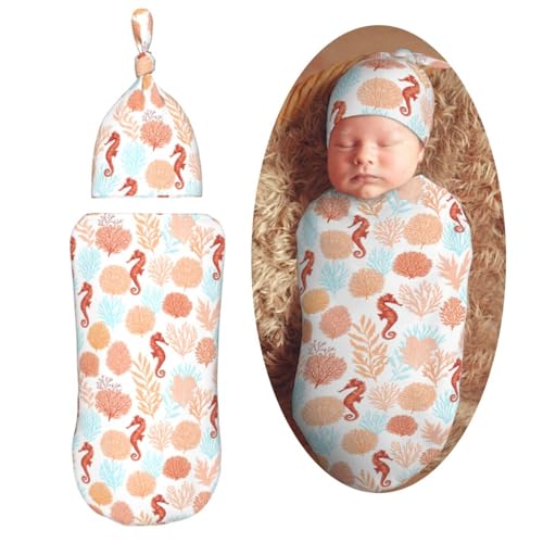 Image of Tropical Pattern Corals Sea Horse Newborn Swaddle Blankets Hat Sets Soft Baby Receiving Blanket Swaddle Sack for Baby Shower Infant Boy Girl Gift