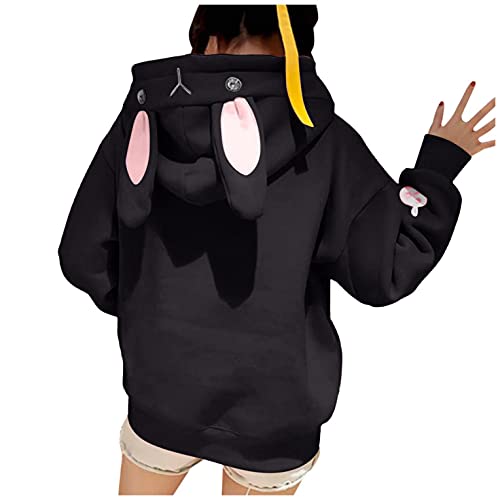 Girls Womens Kawaii Bunny Ear Hoodie Top Long Sleeve Hooded Sweatshirt Autumn Winter Casual Plus Size Pullover Black