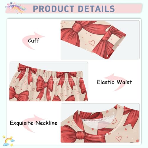 Pajama Sets Long Sleeve Red Bows Hearts Cream Background Soft Comfy Sleepwear 2 Piece PJS 3-8T4