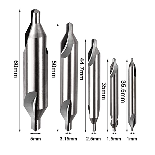 Atoplee 5Pcs Center Drill Bits Set, M2 High Speed Steel 60-Degree Angle Countersink Lathe Bit Mill Tooling Set For Lathe Metalworking,Size 1 1.5 2.5 3.15 5Mm #TOP3