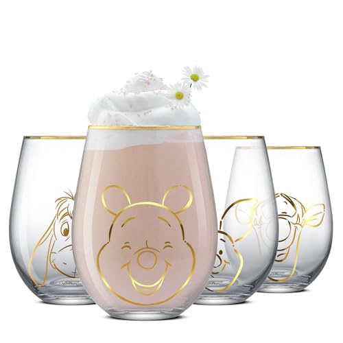 Image of JoyJolt Disney Winnie the Pooh Gold Sketch Stemless Drinking Glasses Set of 4, 19oz Glass Cups ft Pooh Bear Tigger Piglet Eeyore, Disney Kitchen Glassware Set, Winnie the Pooh Adult Gifts