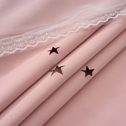 Image of Light Pink Curtains Drapes Blackout Nursery 45 Inch Length Cute Star Cutout | Girls Room Darkening Double Layer Curtain Tulle Lace 2 Panels Thermal Insulate Bedroom Short Window Treatments Cortinas Blush