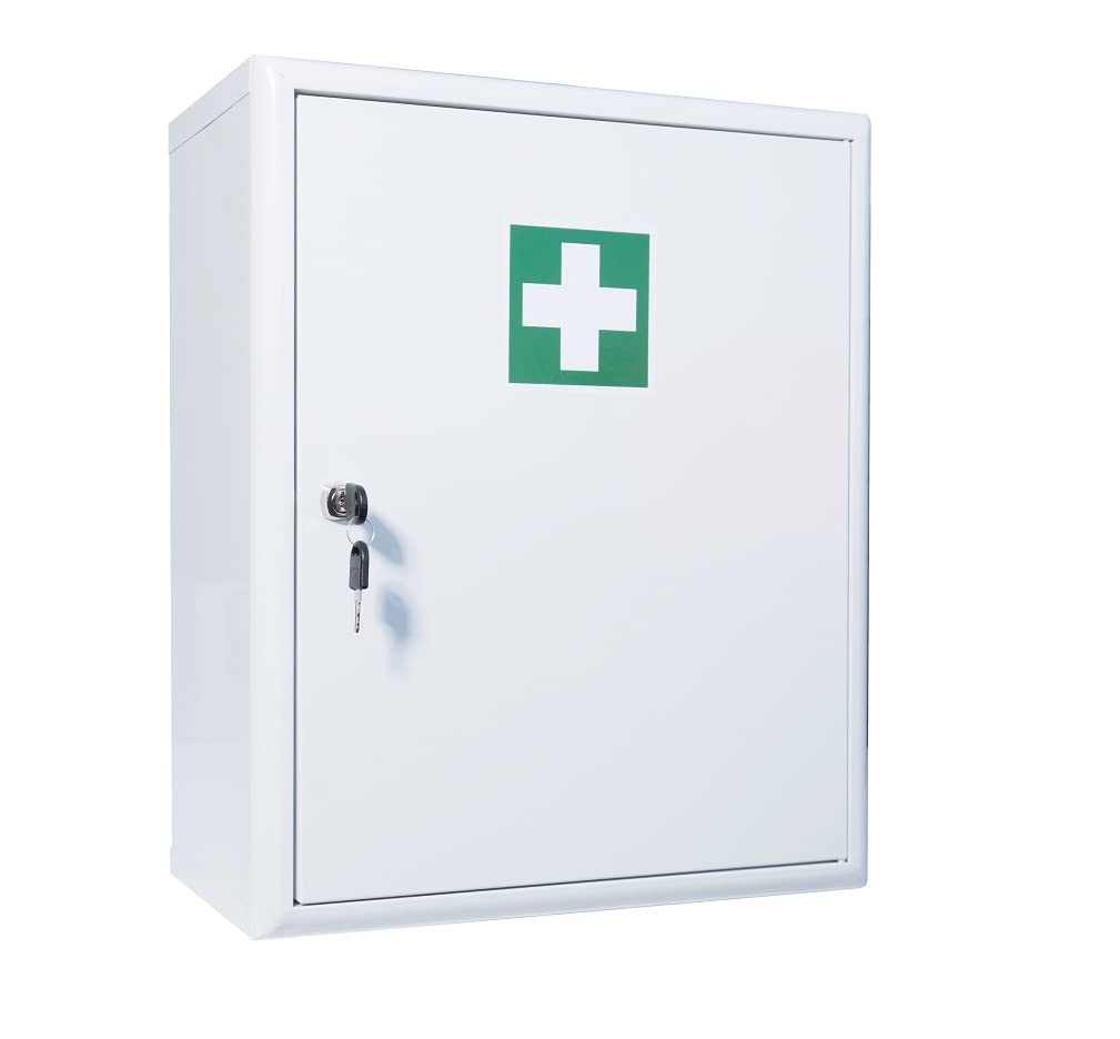 Armadietto di pronto soccorso secondo DIN 13169:2021, armadietto di pronto soccorso con 3 scomparti (2 regolabili) + 2 scomparti per ante, chiusura di sicurezza - metallo, 48,5 x 40 x 20 cm