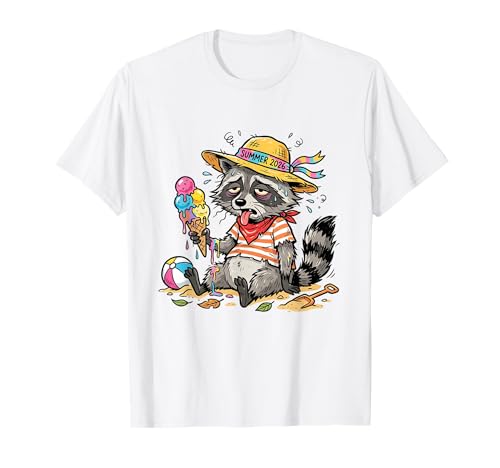 Summer 2026 Beach Raccoon Ice Cream Funny Graphic T-Shirt