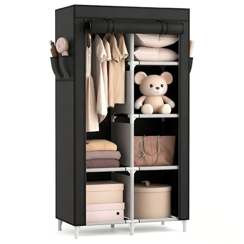 Image of ROJASOP Portable Closet Wardrobe Closet for Hanging Clothes with 6 Storage Shelves, 1 Hanging Rod and 4 Pockets, Free Standing Closet Clothes Organizer for Bedroom, Sturdy and Easy Assemble