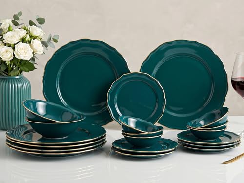 Image of Bodhi House 20-Piece Gold Rim Porcelain Dinner Set | Plates & Bowls Set | Lightweight, Chip Resistant, | Dishwasher Safe | Ideal for Home Dining, Parties & Gifting Tableware Set | Teal
