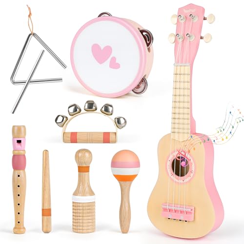 Vanplay Kids Guitar Set for Girls - Toys for 2 3 4 Year Old Girl Birthday Gifts - 7 in 1 Wooden Montessori Musical Instruments with Ukulele/Tambourine/Maracas/Flute for Toddler 2-5(Pink)