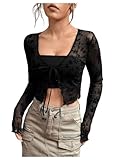 GORGLITTER Women's Sheer Mesh Tie Front T Shirt Long Sleeve V Neck Tee Sexy Crop Tops Lightweight Cardigan Black M