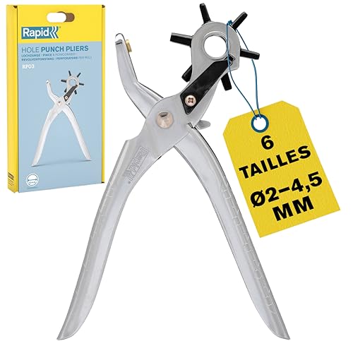 Rapid RP03 Pince perforatrice pour cuir - Perforatrice à courroie rotative multi-tailles (Ø2 à Ø4,5mm), pour cuir, textile et plastique - Construction métallique durable - (5001724)