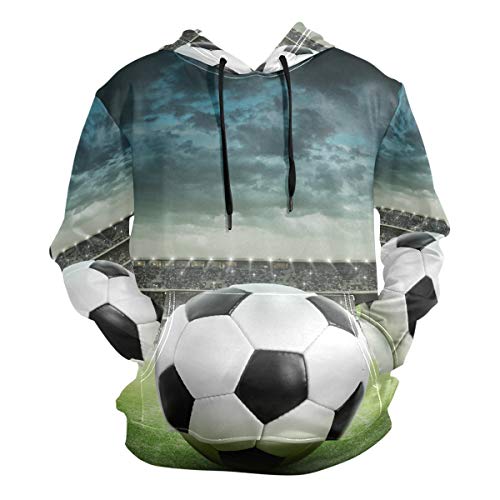Moletom masculino com capuz e manga comprida com estampa 3D de bola de futebol no estádio, Multicolo