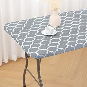 smiry Rectangle Tablecloth, Waterproof Elastic Fitted Table Covers for 6 Foot Tables, Wipeable Flannel Backed Vinyl Tablecloths for Picnic, Camping, Indoor, Outdoor (Grey Morocco, 30×72 Inches)