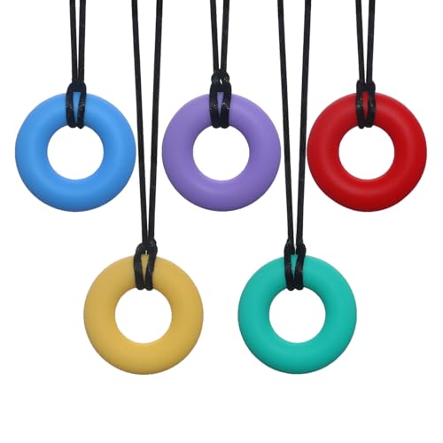 5 Pack Silicone Chewy Necklace Donut Shape, Sensory Chew Toys for Kids with Autism, ADHD, Biting Needs, Chewy Teethers for Autistic Baby and Toddler, Adult