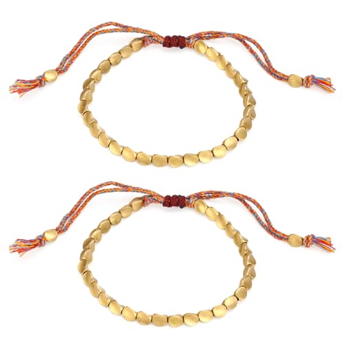 Lumi Zenva Lot De 2 Bracelets Tibétains En Cuivre Tressé Faits Main Avec Perles Multicolores Réglables 16 à 26 cm Artisanat Tibétain Porte-Bonheur Idéal Cadeau...