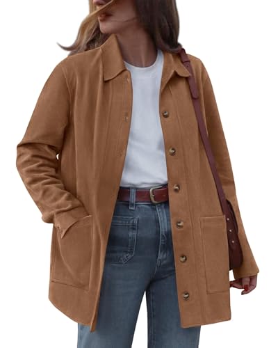 BTFBM Faux Suede Jacket Women Fall Fashion 2025 Leather Jackets Long Sleeve Button Down Winter Coats Shackets Outerwear(Camel, Small)