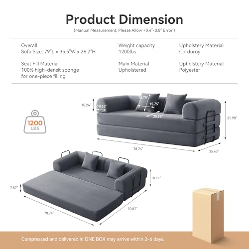 QQR Sofa Bed, Corduroy Sleeper Sofa Bed with Fixed Frame, Floor Sofa Lounge with Pillow, Convertible Folding Mattress Couch for Living Room, Bedroom, Lounge, Studio (Dark Grey)