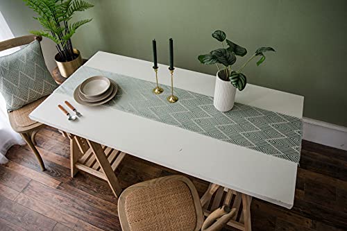 Chemin de table vert jacquard géométrique 30x198 cm avec pompons - 3
