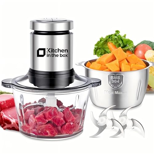 Kitchen in the Box Zerkleinerer Küche Elektrisch 400W Multizerkleinerer fleischwolf mit 2 Schüsseln(2L+2L) und 2 Bi-Level Edelstahl Klingen Universalzerkleinerer für Fleisch Gemüse Zwiebeln Obst