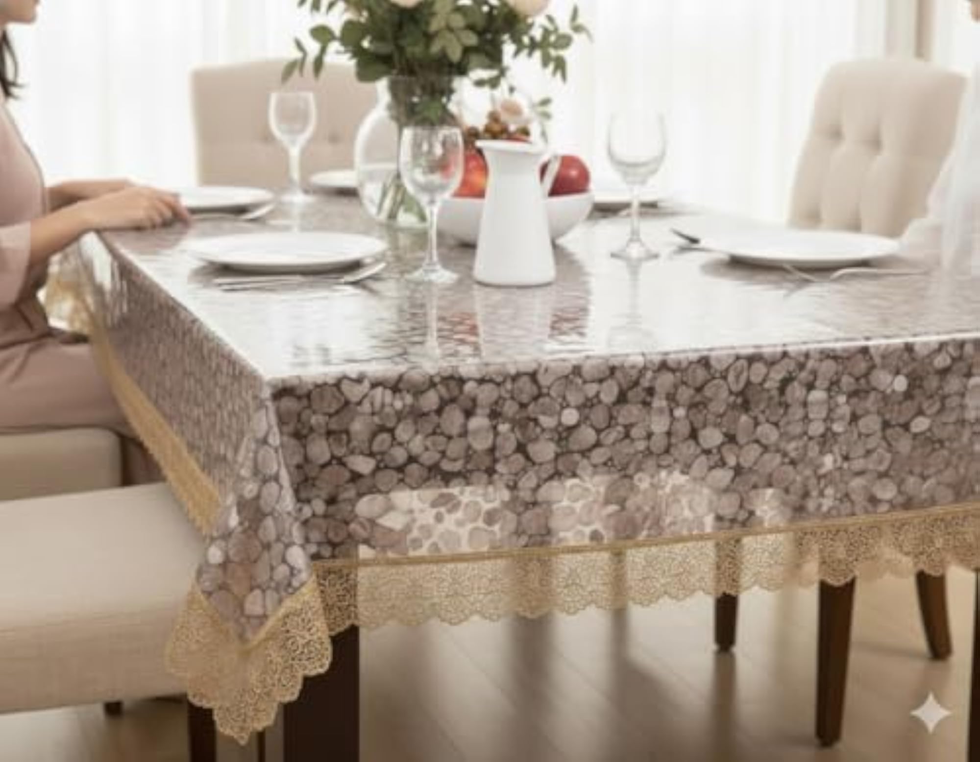 PVC 3D Bubble Transparent Rectangle Table Cover, Golden Lace