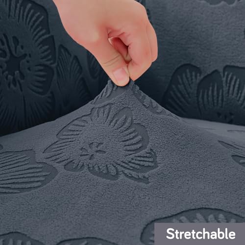 Image of HOKIPO 'Floravelle' 200 GSM Knitting Jacquard 1-Seater Sofa Cover with Elegant Frill - Fully Covered, Anchor Grey (AR-6029-DGRY)