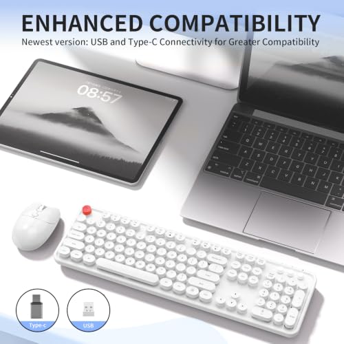 Image of Wireless Keyboard Mouse, MOFII 104 Keys Cute Retro Typewriter White