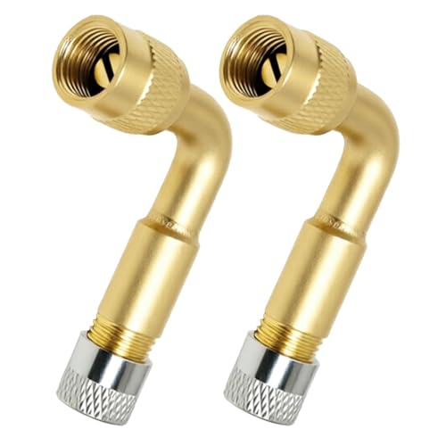 Volink 2 Pièces Rallonge Valve Pneu 90 Degrés, Valve Coudée Moto en Laiton, Embout de Gonflage Universel pour Voiture, Camion, Vélo et Scooter, Adaptateur Valve Pneu avec Bouchon