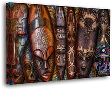 SpiritualHands African Art Wall Decor Canvas, Black and Gold Bedroom Decor, African American Black Women Wall Art Bedroom Poster, Ancient African Art Decor Pictures for Living Room Wall Decoration (African Art Masks, 40" x 60" - Ready to Hang)