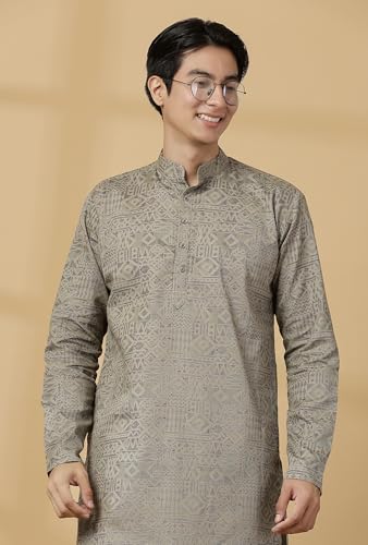 Image of Majestic Man Men's Cotton Regular Fit Casual Mandarin Collar Ethnic Motifs Printed Long Regular Kurta