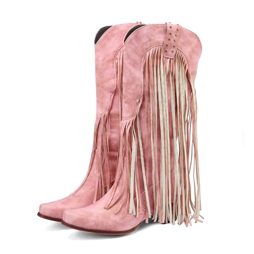Fringe Cowboy Boots for Women,Womens Square Toe Mid Calf Embroidered Western Boots,Tassel Cowgirl Boot Stacked Heel Retro Fall Winter Booties for Women