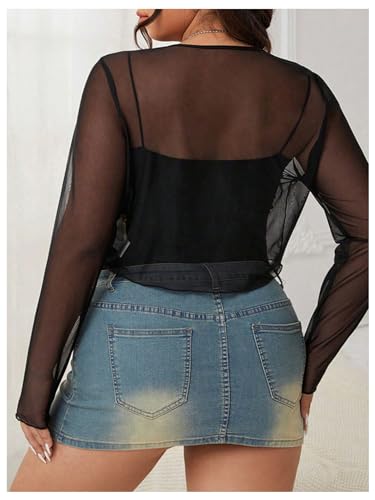 MakeMeChic Women's Plus Size Mesh Sheer V Neck Tie Front Crop Tops Long Sleeve Cardigan Mesh Top2