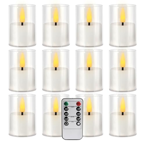 Image of 12 Pack LED Tea Light Candles, 3D flameless Flickering Candles | Battery powered, with remote control and timer, transparent acrylic, perfect for weddings, parties, and home decor (white)