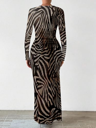 Image of MARZXIN Women Long Sleeve Maxi Dress Bodycon Ruched Formal Slim Fit Tie Dye Dress Formal Mesh Dress