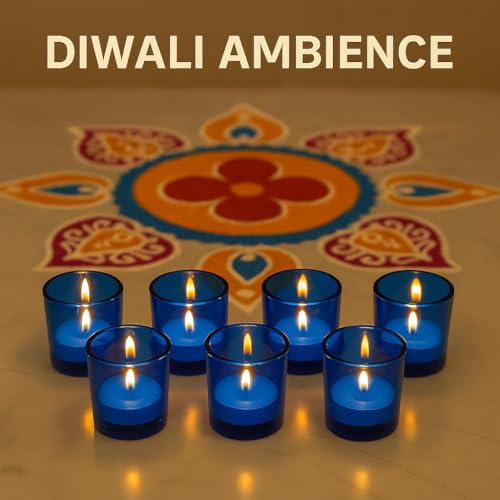 Image of Pure Source India Votive Glass- Pack of 6 | Decorative Tealight Holders with One Tea Light Candles for Home Decor, Diwali Decoration, Weeding Decor & Festive Lighting (Blue)