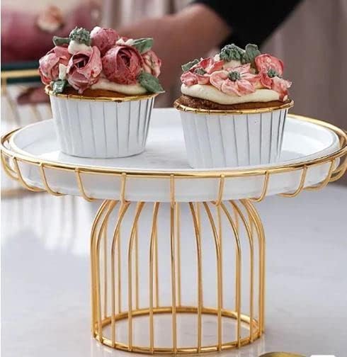 METALLICON Round Metal Cake Stand with White Top & Gold Wire Base | Decorative Cupcake & Dessert Display Stand for Birthday, Wedding & Party Decor