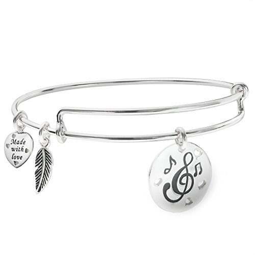 Qina C Plata de Ley Amor música corazón Pluma Dangle Encanto Ampliable Brazalete Pulsera