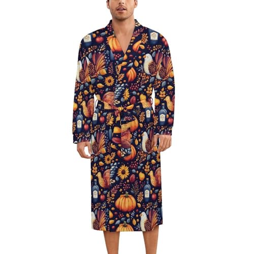 Robe de nuit en soie pour homme et femme, peignoir kimono imprimé dinde et citrouille multicolore L