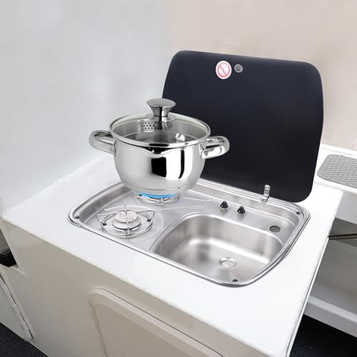 DELOPVIO Boat Caravan Camper 2 Burner Gas Stove, Stainless Construction, Gas Burner with Sink Combo, Counter Space Creating Lid, for Outdoor Kitchen Household RV Picnics