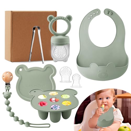 Image of LittlesJoy Silicone Baby Fruit Feeder Set with Mini Freedzer Nibble Tray, Breastmilk Popsicle Mold with Baby Bib and Pacifier Clip, BPA Free Teether for Safe Infant Self Feeding, 4 Month+(Sage)