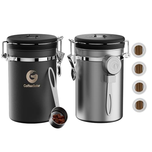 Image of Coffee Gator Coffee Canister, 2pack 22oz Airtight Stainless Steel Kitchen Food Storage Container with Date Tracker, Scoop for Sugar, Grounds, Beans,Tea, Cereal, Flour, Cookies Jars - Gray&Silver
